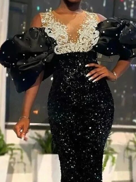 Long Black Evening Dresses for Women Bare Shoulder Embroidery Beaded Puff Sleeve Velvet Sequin Dress Luxury Party Dinner Gowns