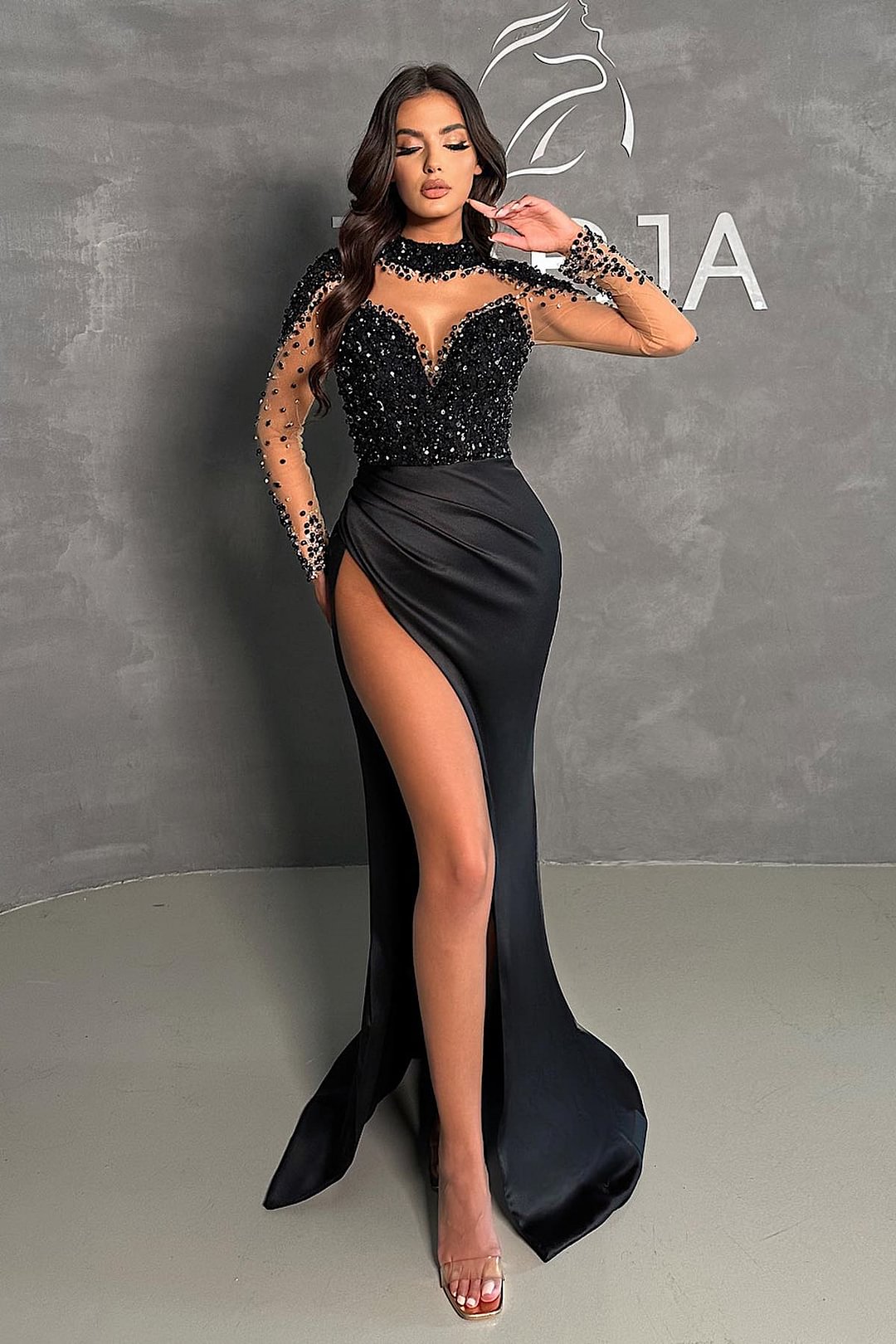 Chic Black Long Sleeves Mermaid Evening Dress Split With Sequins Beads - lulusllly