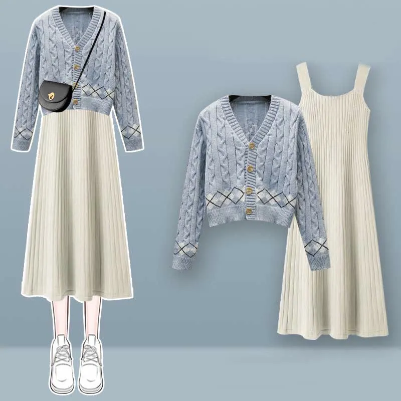 Rhombus Print Cardigan Sweater Slip Dress Two Pieces