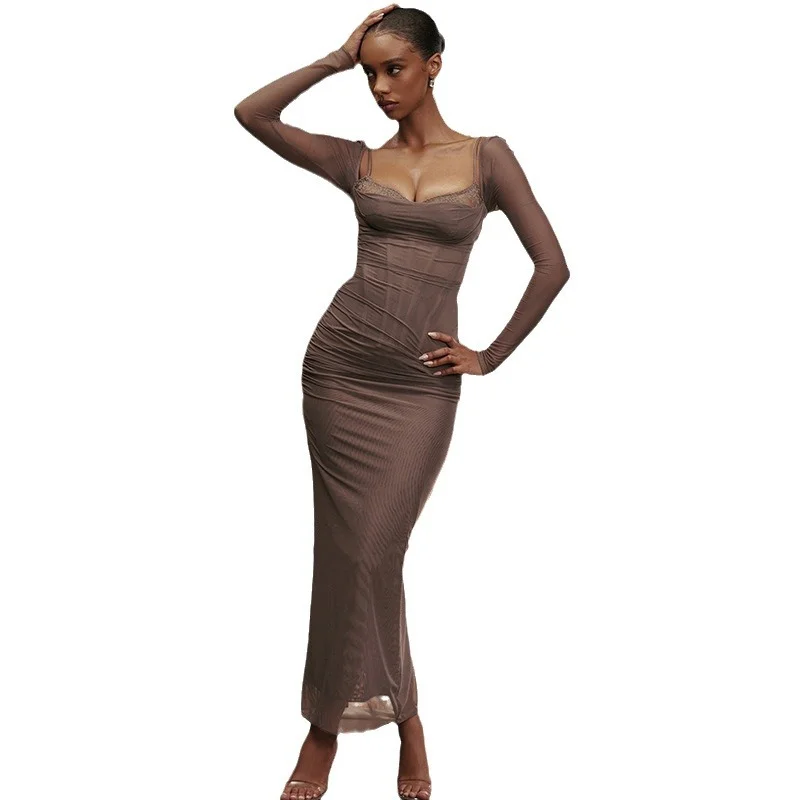 Uveng Uveng 2024 New Long-Sleeved Sling Temperament Show Back Tight Open Fork Long Dress Woman