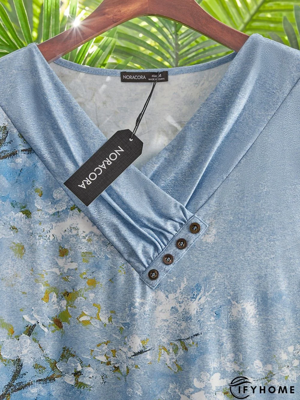 Women's Vacation Buttoned V Neck Loose Floral Printed Tunic T-Shirt | IFYHOME