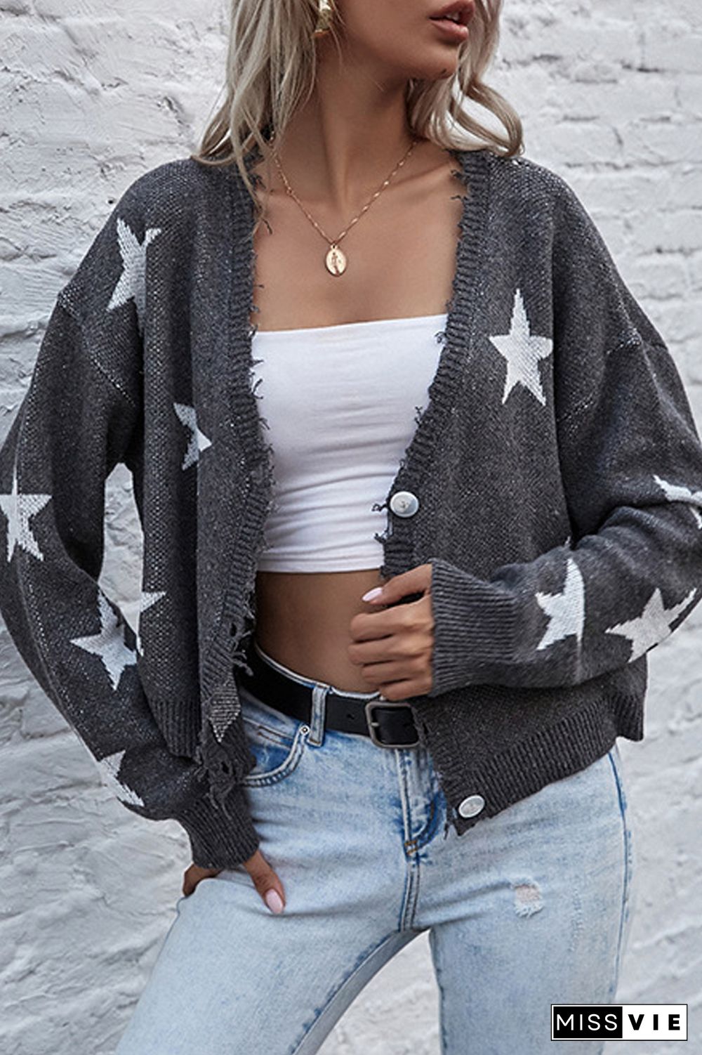 Star V-Neck Short Cardigan Sweater