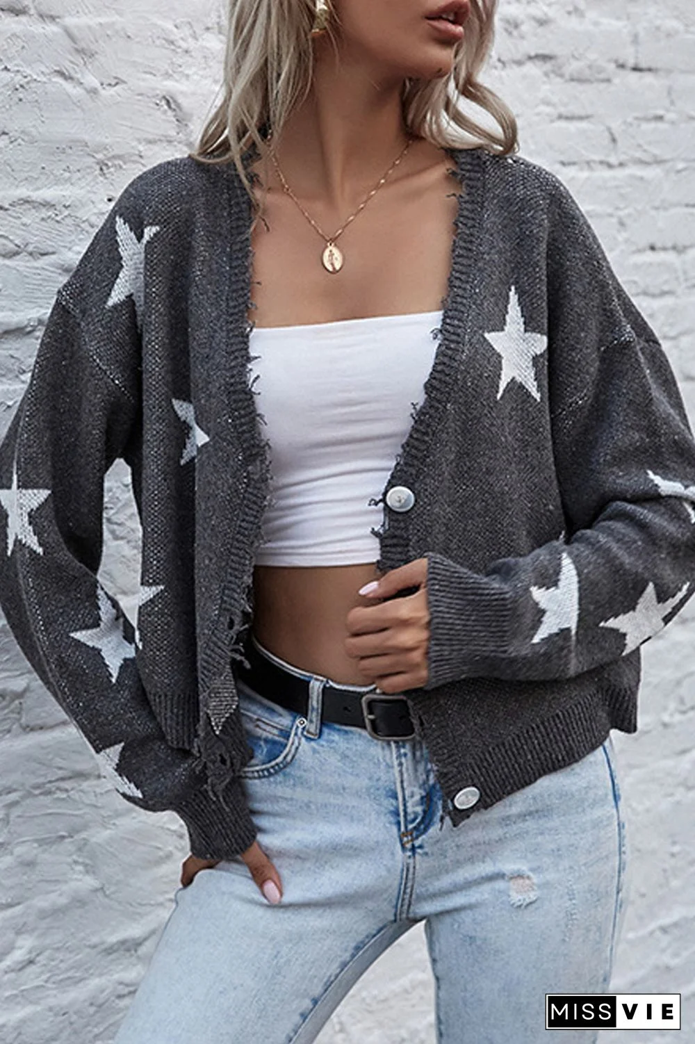 Star V-Neck Short Cardigan Sweater