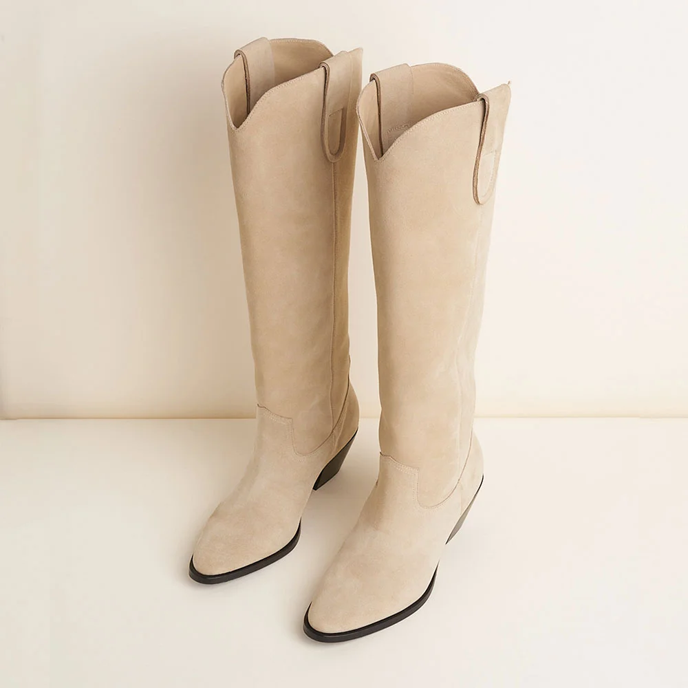 Beige Vegan Suede Chunky Heel Round Toe Western Boots for Women