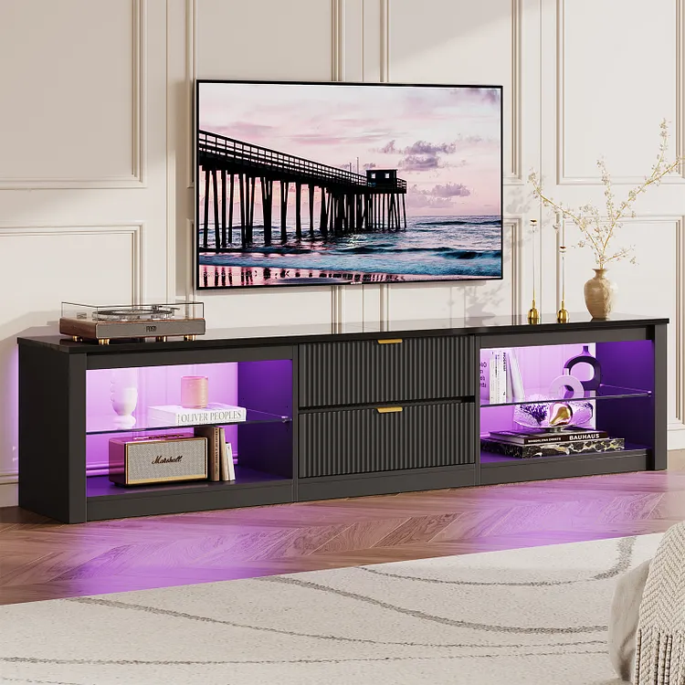 Bestier 80 inch TV Stand for TVs up to 85", High Gloss Entertainment Center with LED Lights & 2 Storage Drawers, Modern Fluted TV Console