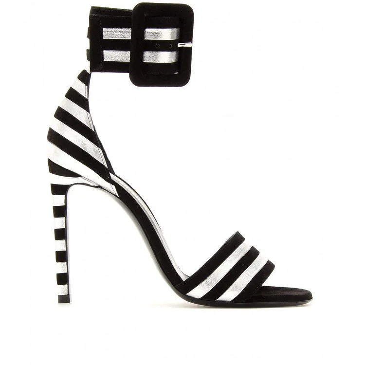 Women's Black and White Stripe Open Toe Ankle Strap Heeled Sandals |FSJ Shoes
