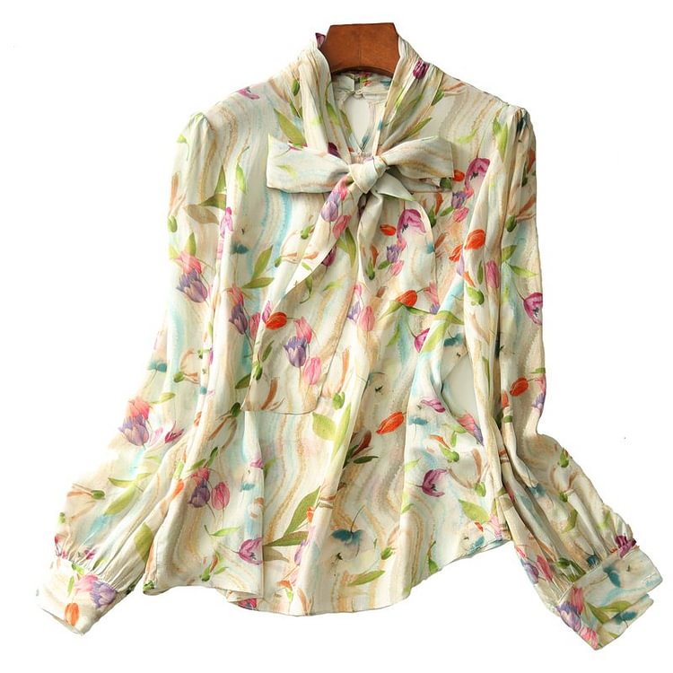 Bow Long Sleeve Shift Floral Shirts & Tops