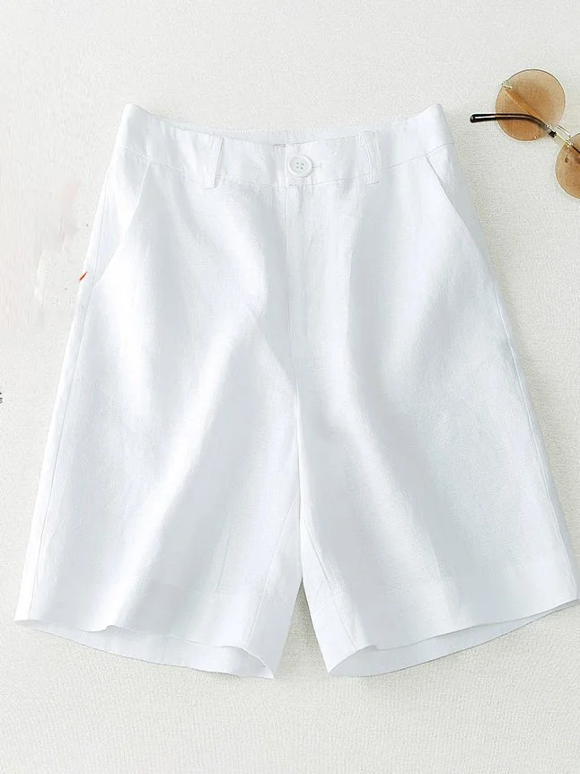 Solid Color Mid-waistline Casual Linen Wide Leg Shorts