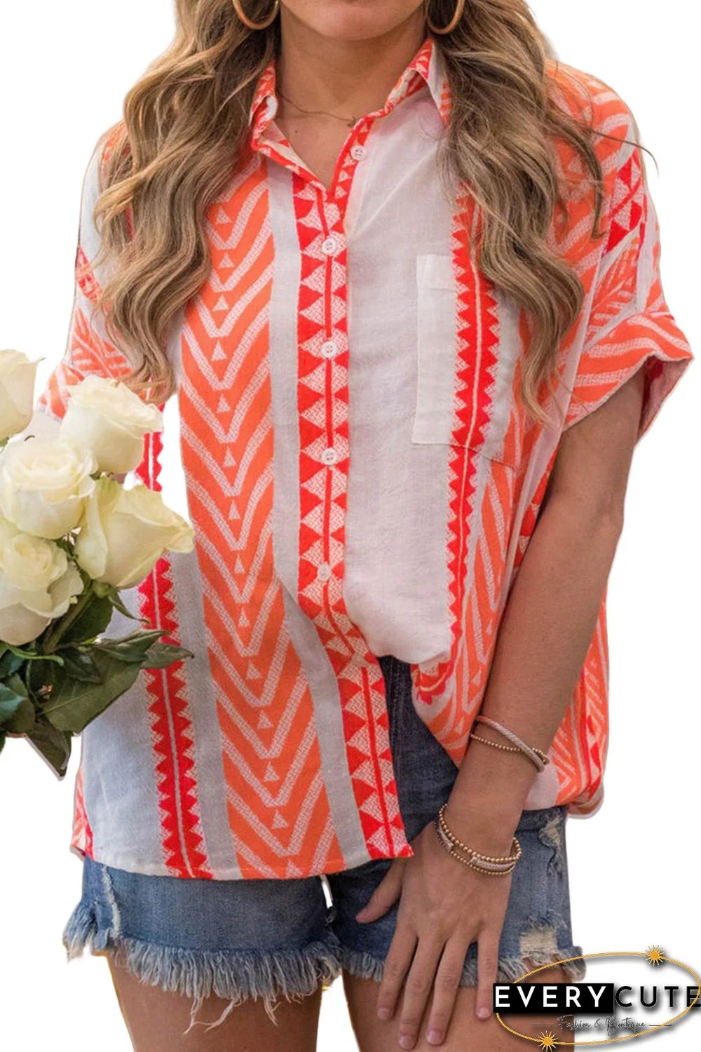 Orange Geometric Striped Buttoned Short Sleeve Shirt