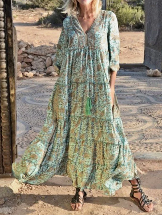 Spring/Summer V-Neck Small Floral Long A-Line Dress