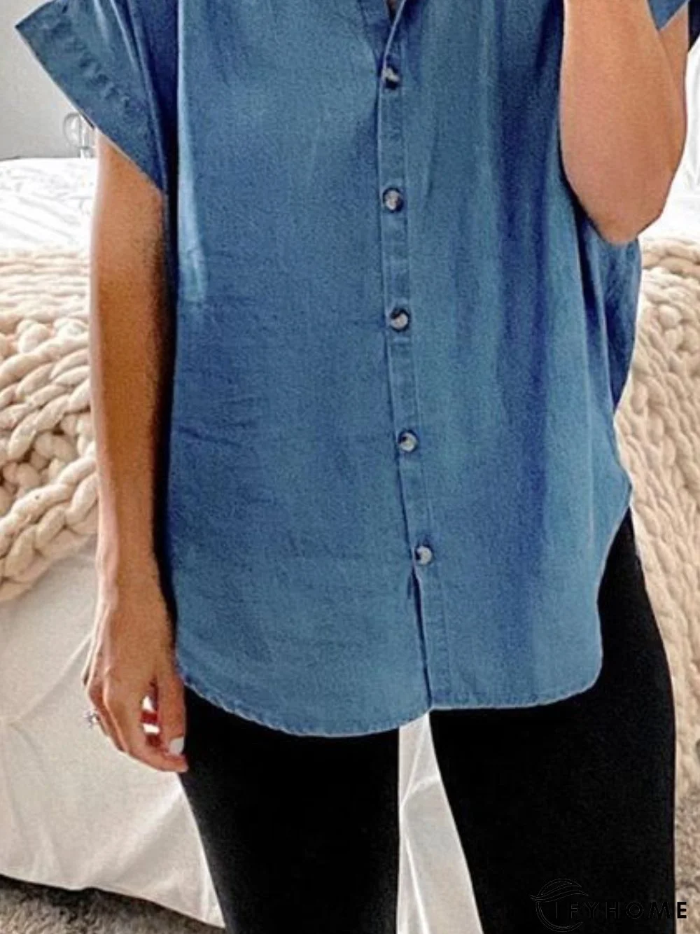 Blue Buttoned Short Sleeve V Neck Tops | IFYHOME