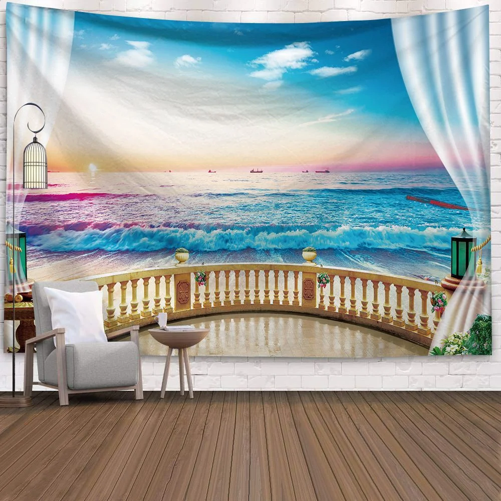 3D Beautiful Window Landscape Tapestry Wall Hanging Tropical Tree Tapestry Art Home Decoration Simulation Sea Sunrise Home Dorm