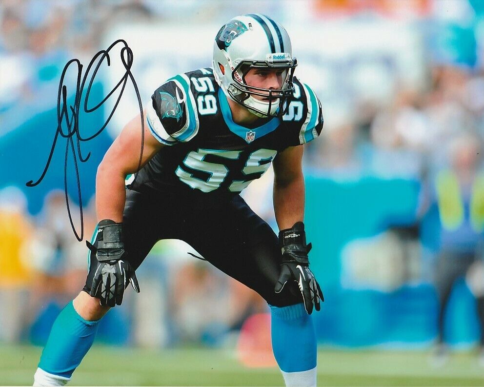 LUKE KUECHLY SIGNED CAROLINA PANTHERS FOOTBALL 8x10 Photo Poster painting #2 NFL EXACT PROOF!