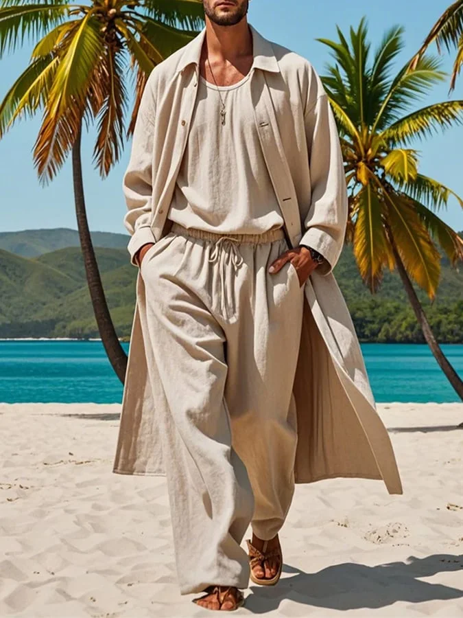 Men's Casual Solid Color Cotton And Linen Two-Piece Set 