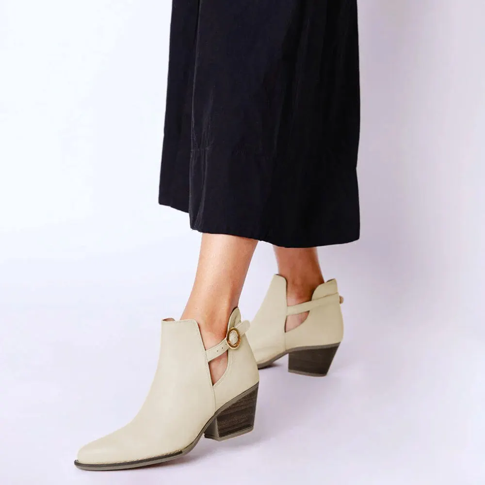 YDN Ivory Cut-Out Chunky Heel Buckle Strap Short Boots for Women