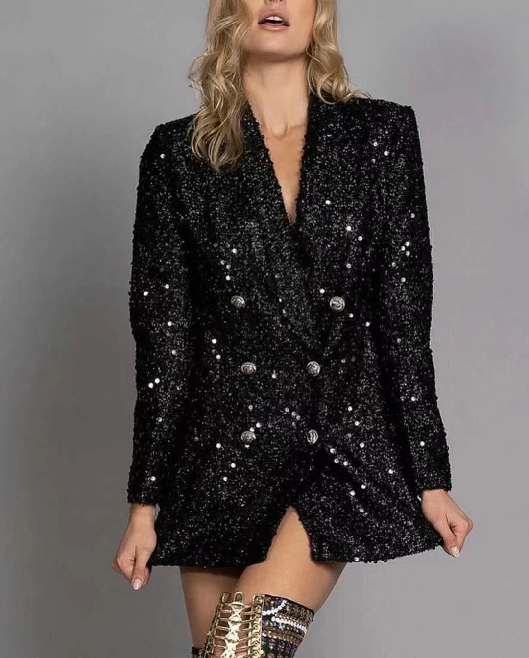 Uveng Uveng Fashion V-Neck Temperament Blazer Double-D Row Black Brighten Long Top