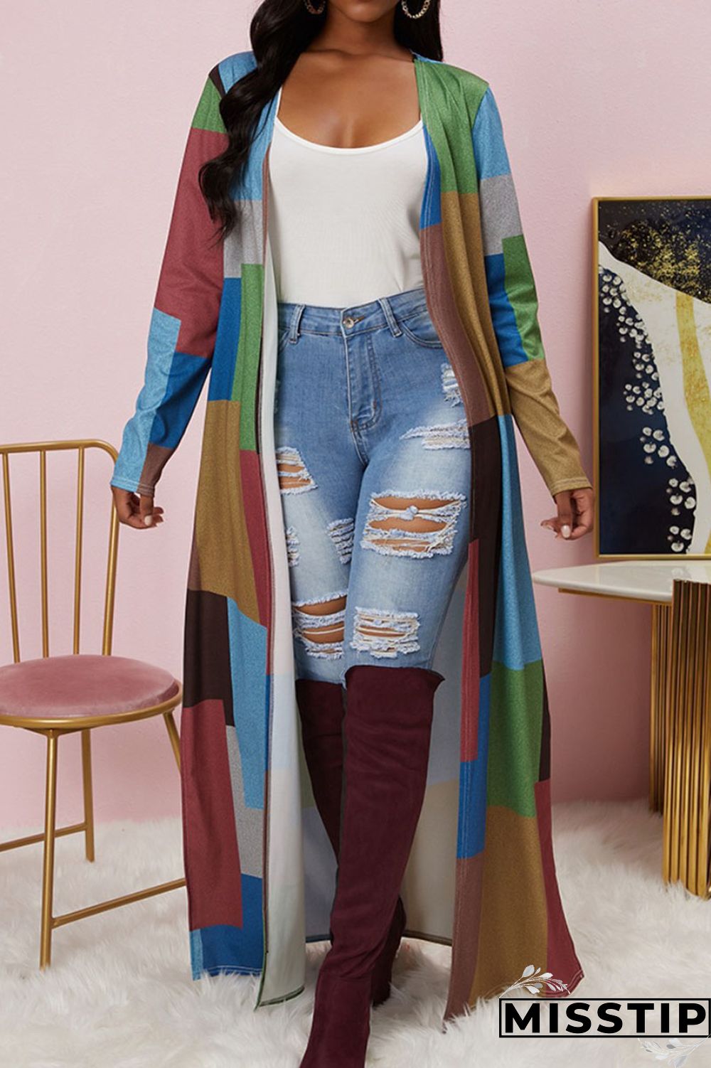 Black And White Casual Geometric Print Patchwork Plus Size Overcoat