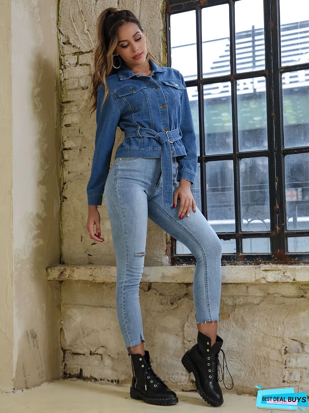 Blue Flap Pockets Denim Jackets, Long Sleeves With Waistband Lapel Denim Coats, Women's Denim Clothing