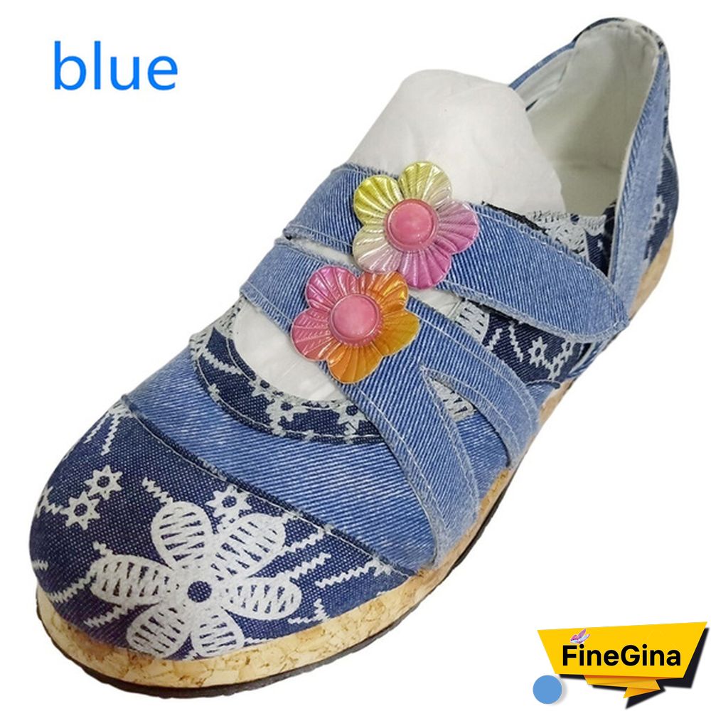 Vintage Floral Genuine Leather Splicing Colored Stitching Hook Loop Flat Shoes Spring Summer Casual Women Flat Shoes（2styles）