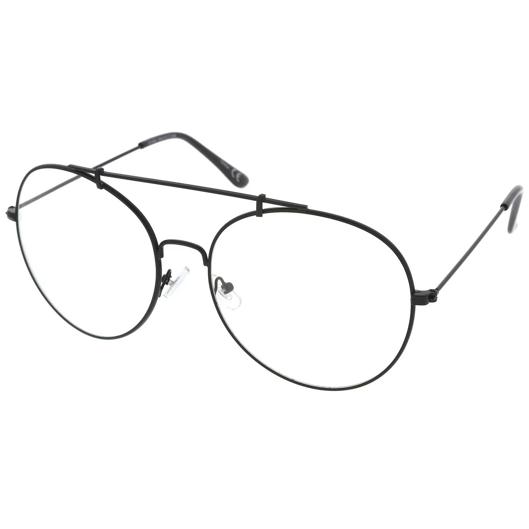 Classic Oversize Metal Frame Slim Temple Crossbar Clear Lens Round Eyeglasses 59mm