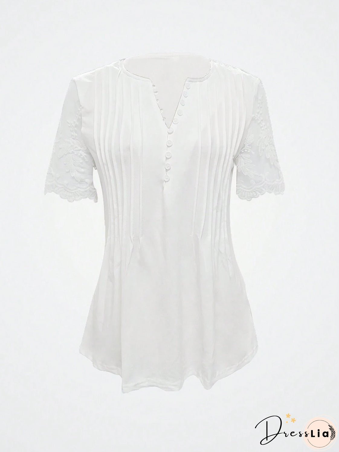 Notched Lace Short Sleeve Top