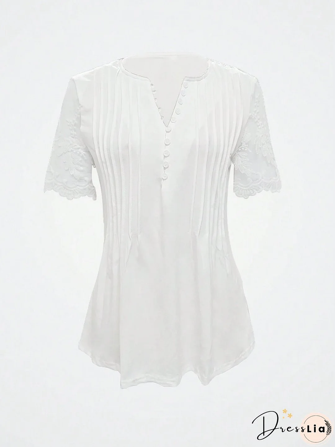 Notched Lace Short Sleeve Top