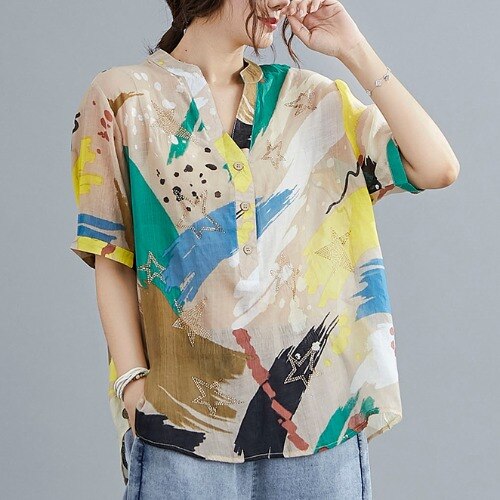 2021 Korean Fashion Designer Ladies Casual Tops And Blouses Women Linen Shirts Female Printed Short Sleeve Clothes