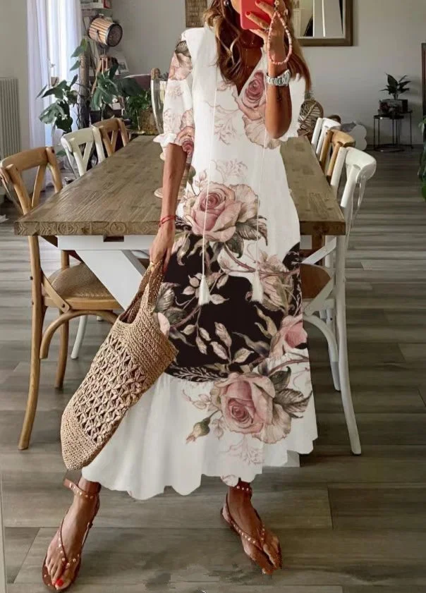 Fashion V Neck Fringe Wooden Ear Print Bohemian Casual Dress