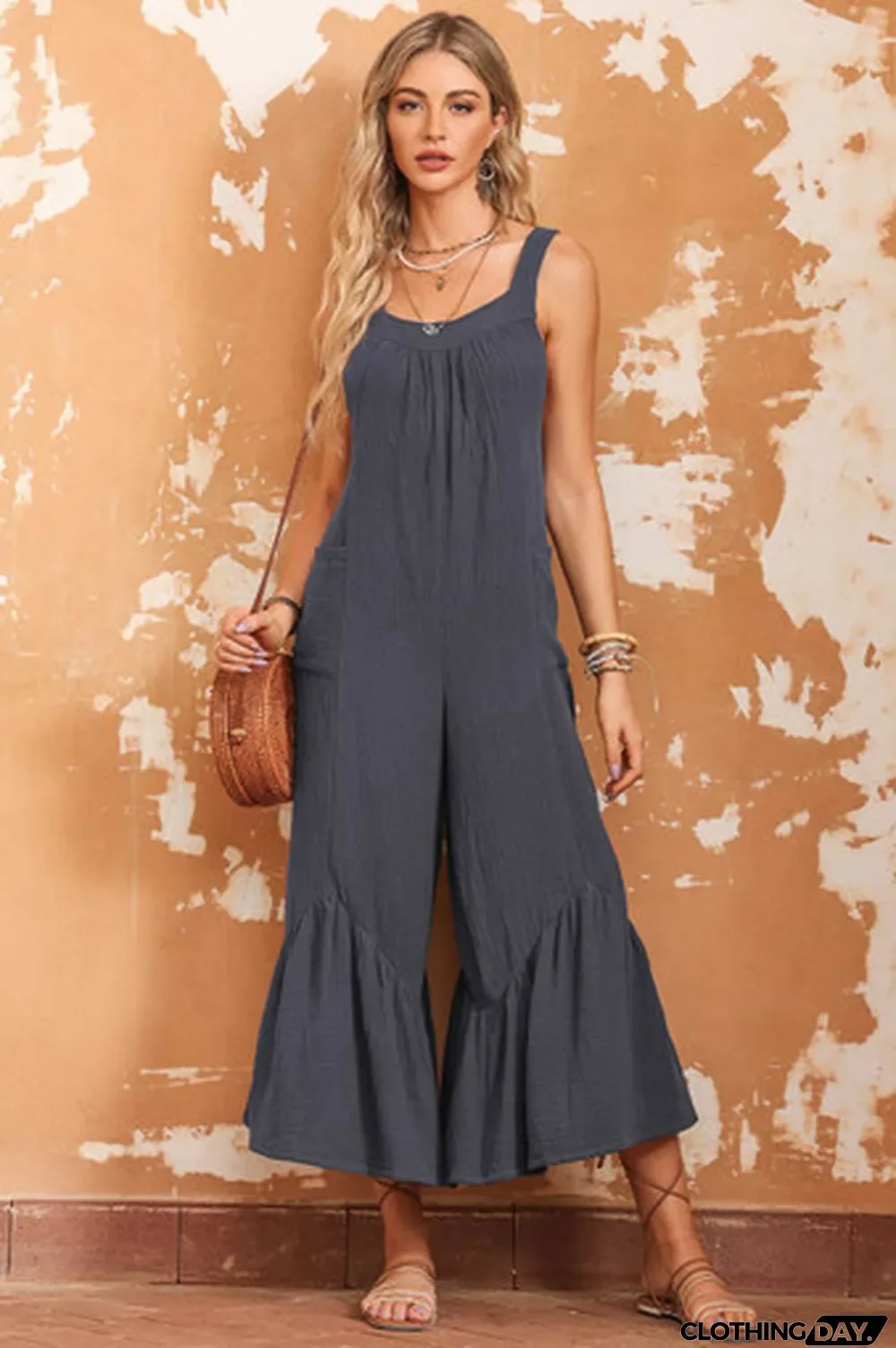 Gray Wide Leg Ruffle Jumpsuit