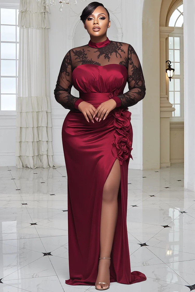 Xpluswear Design Plus Size Formal Burgundy Mock Neck Long Sleeve 3D Elegant Split Satin Lace Maxi Dresses 2024 - Xpluswear