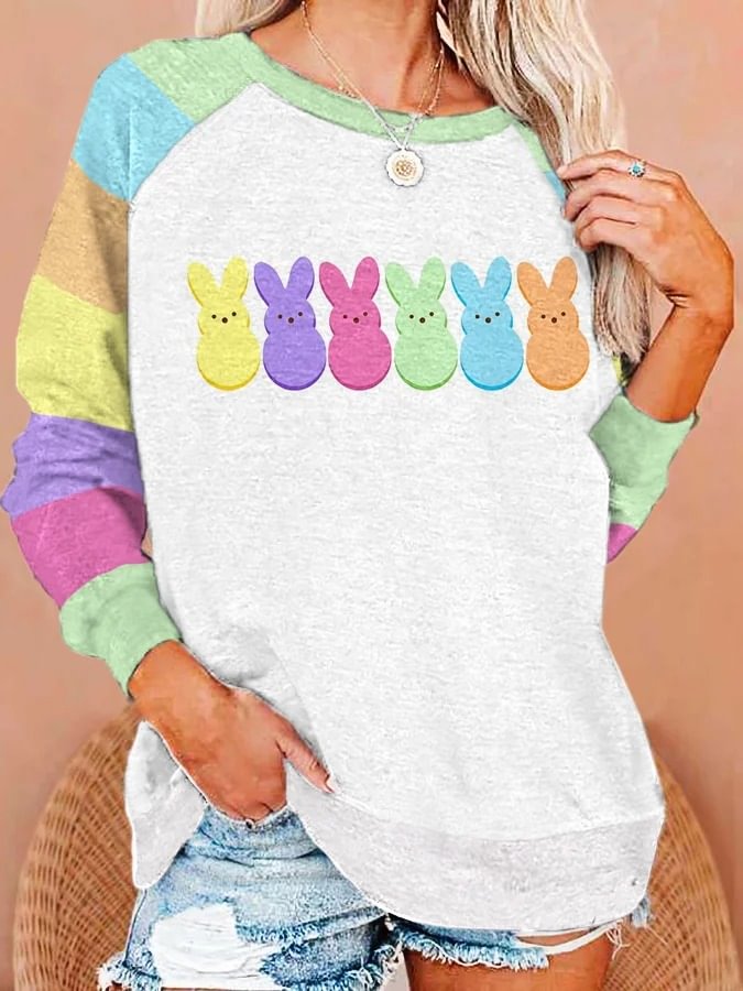 Women's Easter Colorful Sugar Bunny Print Sweatshirt