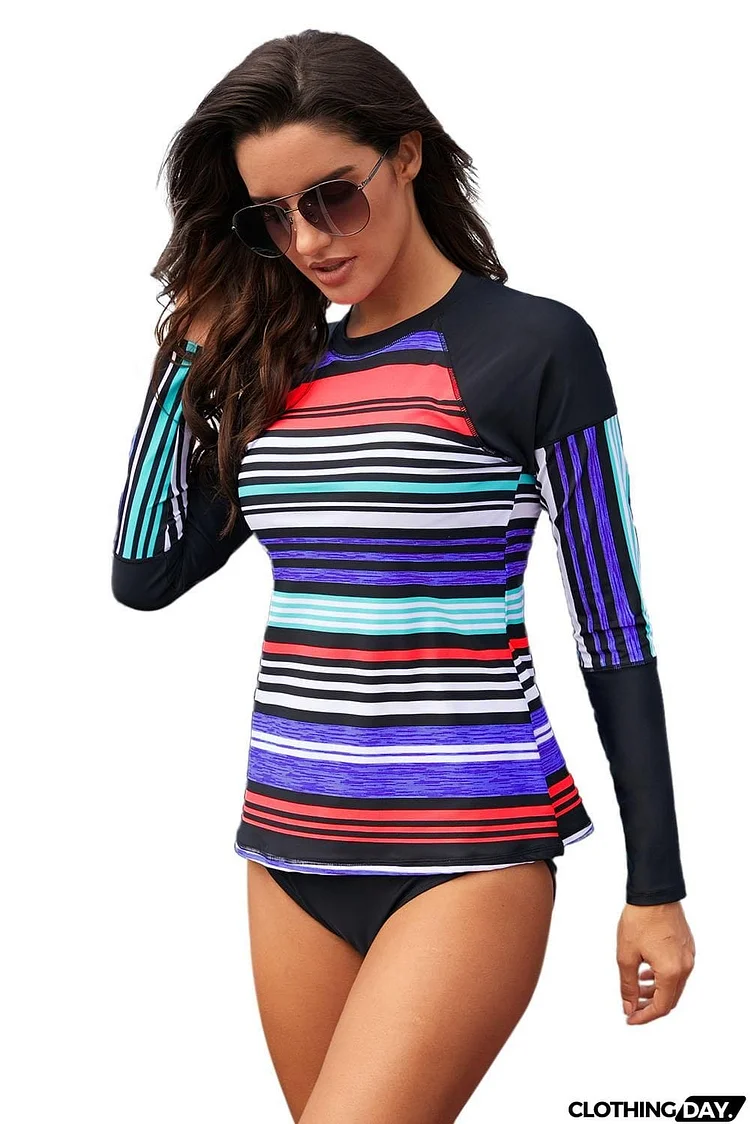 Multi Striped Patchwork Rashguard Surfing Top