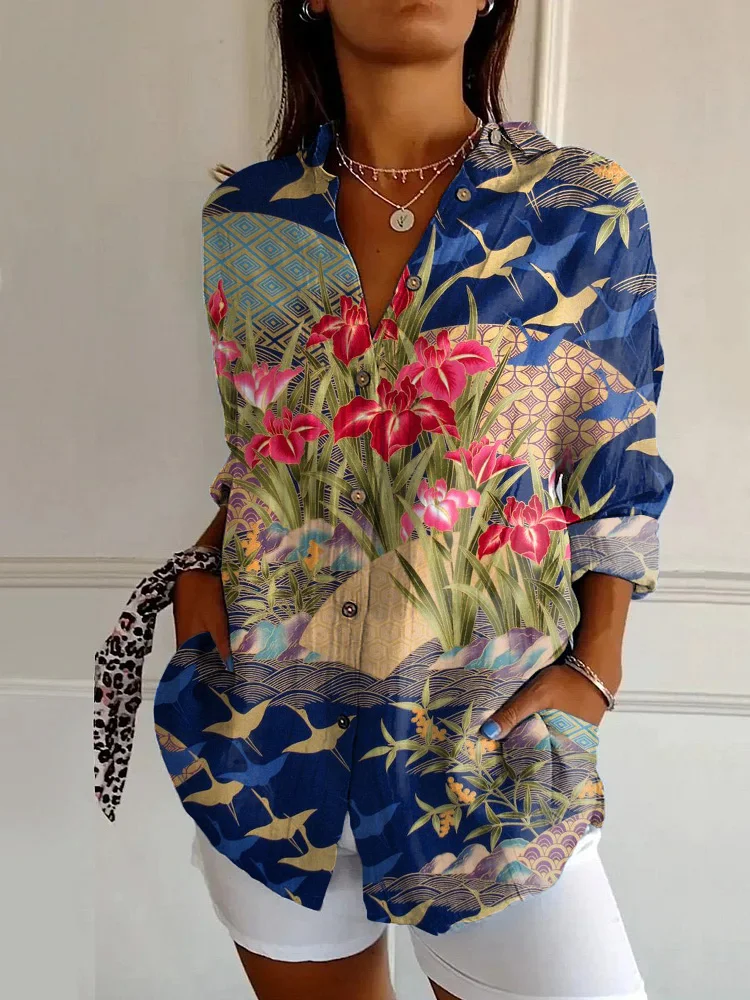 Japanese Cranes And Narcissus Print Casual Long-sleeved Shirt