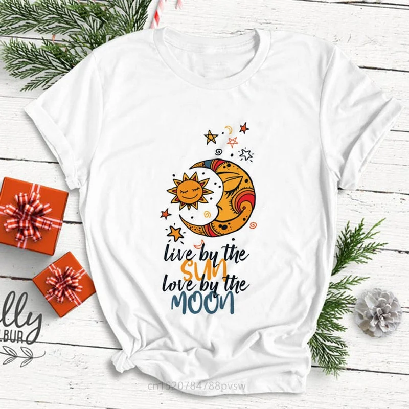 Live By The Sun Love By The Moon Women Funny Print T-shirt Summer Black Fashion Tops Tee Girl 90S Harajuku Clothes,Drop Ship