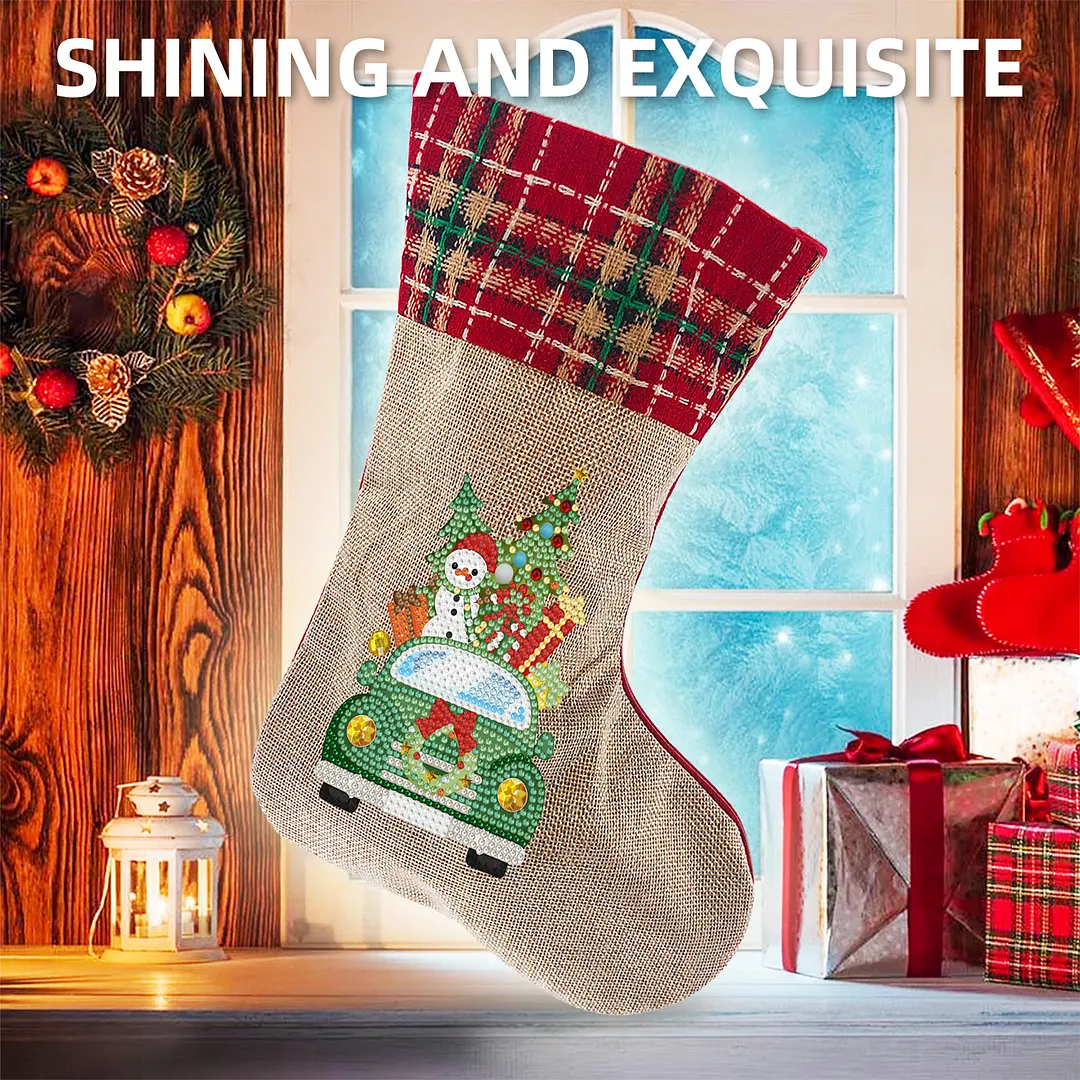 DIY Diamond Painting Christmas Stockings Hanging Ornaments Large Capacity Xmas Socks Pendant Wear Resist Candy Gift Storage Bags for Family Christmas Holiday Party Decoration (Christmas tree car)