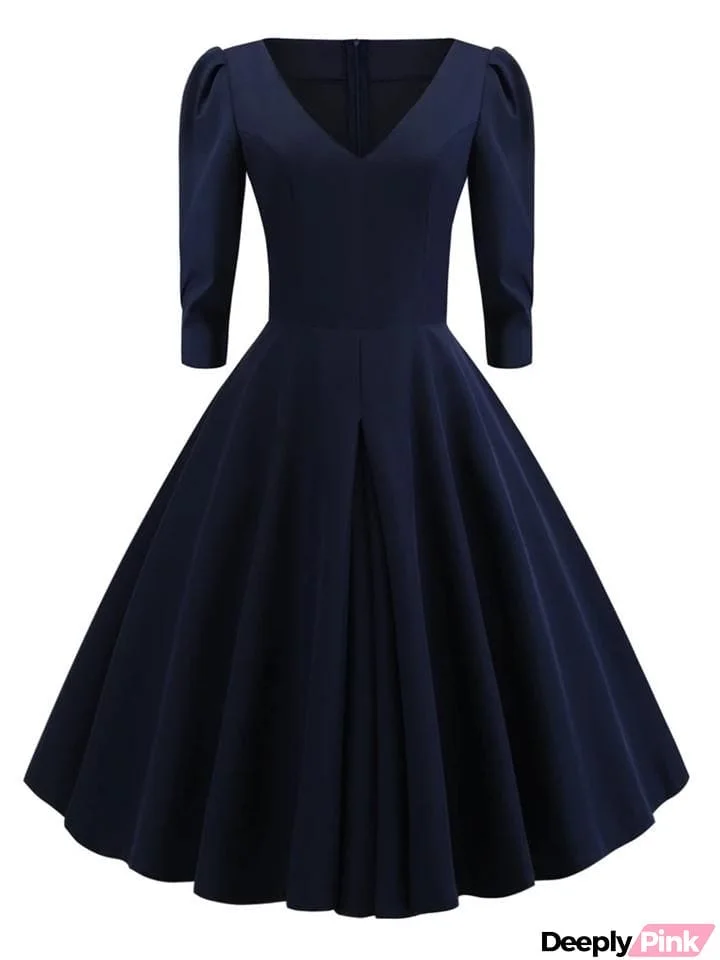 Navy Blue 1950S V Neck 3/4 Sleeve Swing Dress