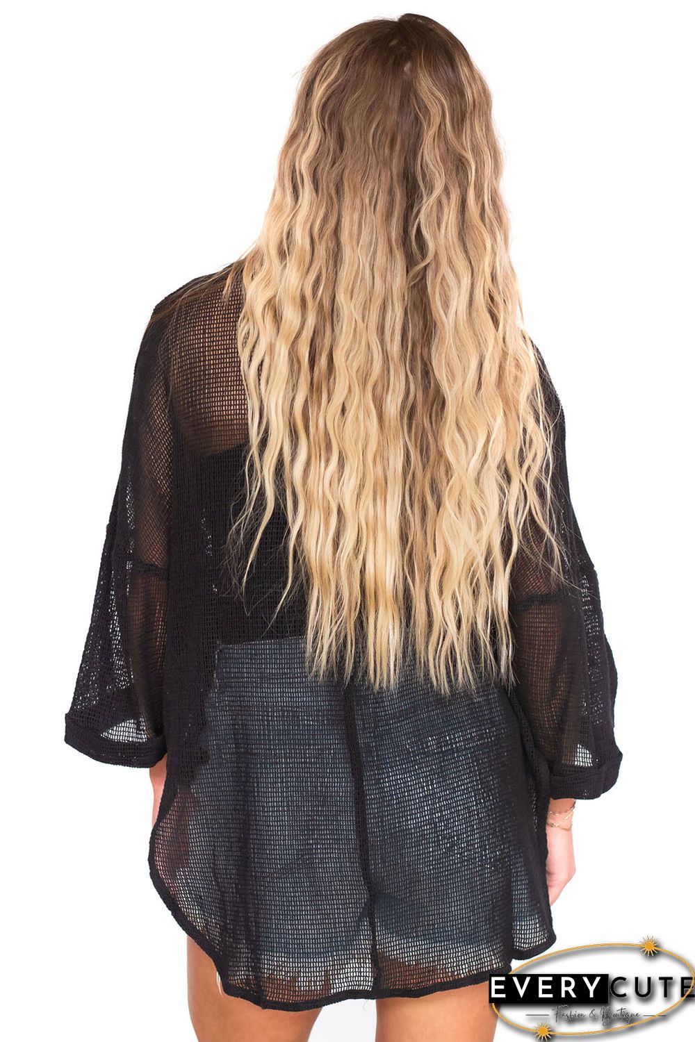Black Sheer Openwork Bracelet Sleeve Kimono
