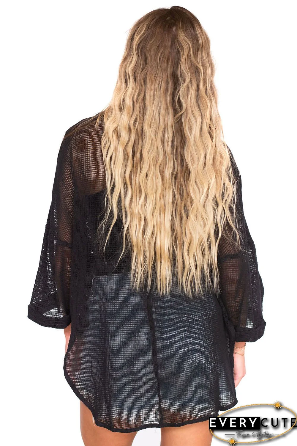 Black Sheer Openwork Bracelet Sleeve Kimono