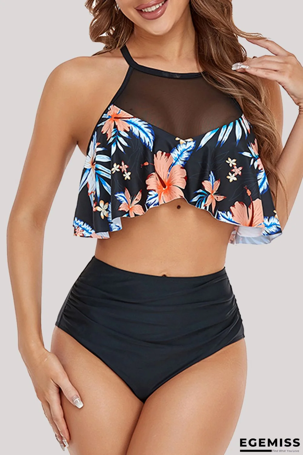 Black Fashion Sexy Print Patchwork Swimwears (With Paddings) | EGEMISS