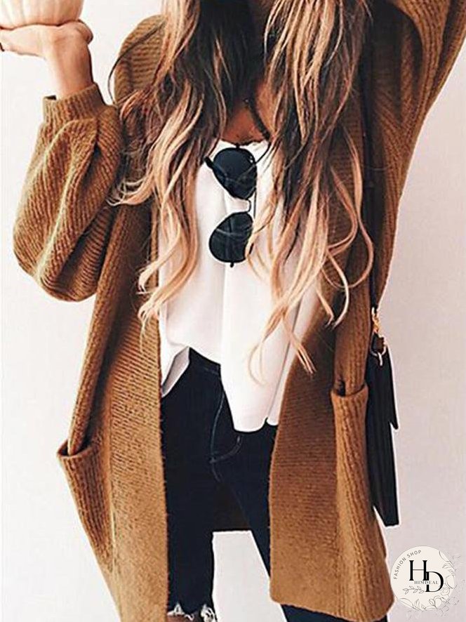 Cardigans Solid Pocket Long Sleeve Knitted Cardigan for Women