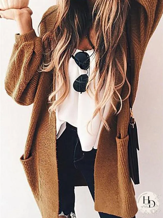 Cardigans Solid Pocket Long Sleeve Knitted Cardigan for Women
