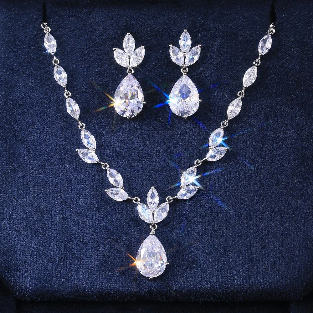 Huitan Classic Big Pear CZ Stone Necklace/Earring Wedding Set for Women Delicate High Quality Zircon Lady Party Wear Jewelry Hot