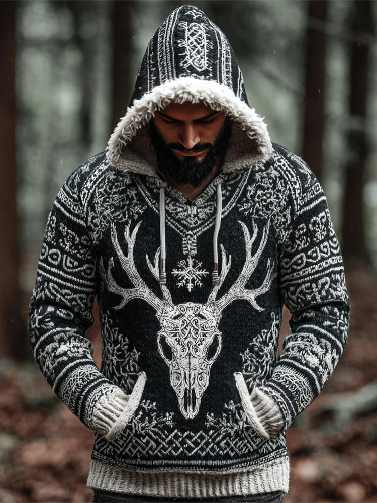 Viking Skull Antler Art Men's Fur Trimmed Hooded Sweater