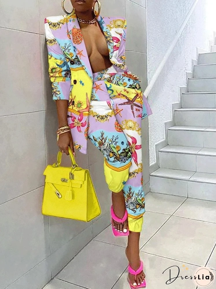 Two-Piece Printed Long Sleeve Blazer & Trousers