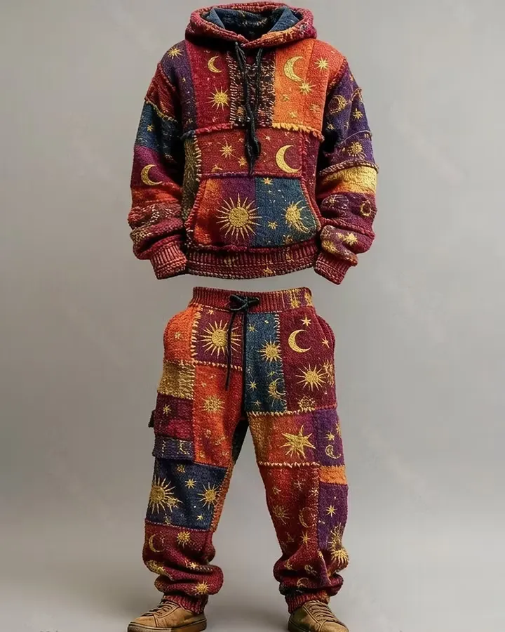 Men's Spring/Summer Fashion Star and Moon Embroidery Color Block Two-Piece Set 9120
