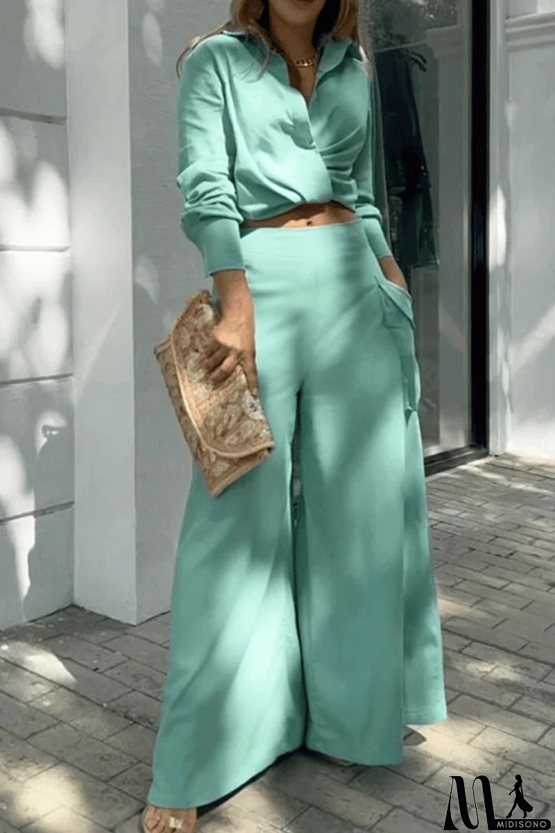 MidiSono - Button Cross Wrap Blouse Wide Leg Pants Set