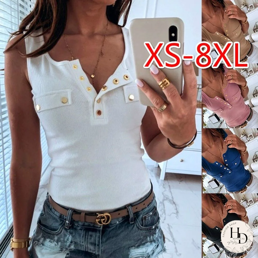 XS-8XL Plus Size Fashion Clothes Women's Casual Summer Tops V-neck Button Up Shirts Solid Color Off Shoulder Tops Ladies Blouses Cotton Slim Fit Vest Sleeveless Tank Tops