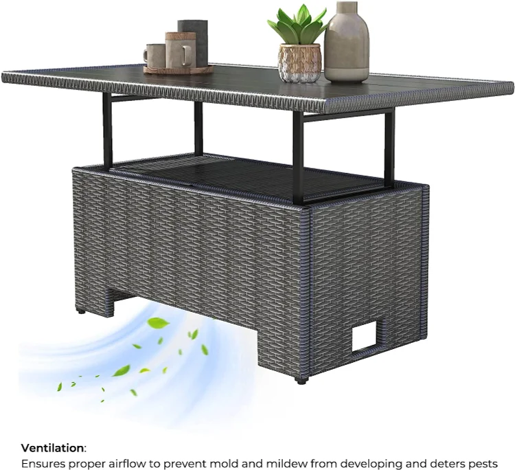 Outdoor Indoor Coffee Dining Table All Weather Resin Wicker Adjustable Steel Slat Lift Top Storage Shelf Gray