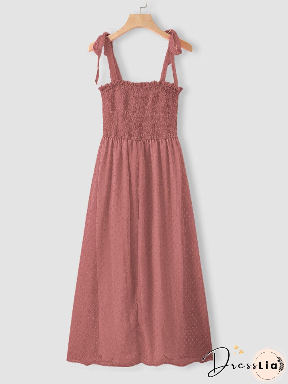 Solid Smocked Tie Strap Slit Open Back Chiffon Maxi Dress