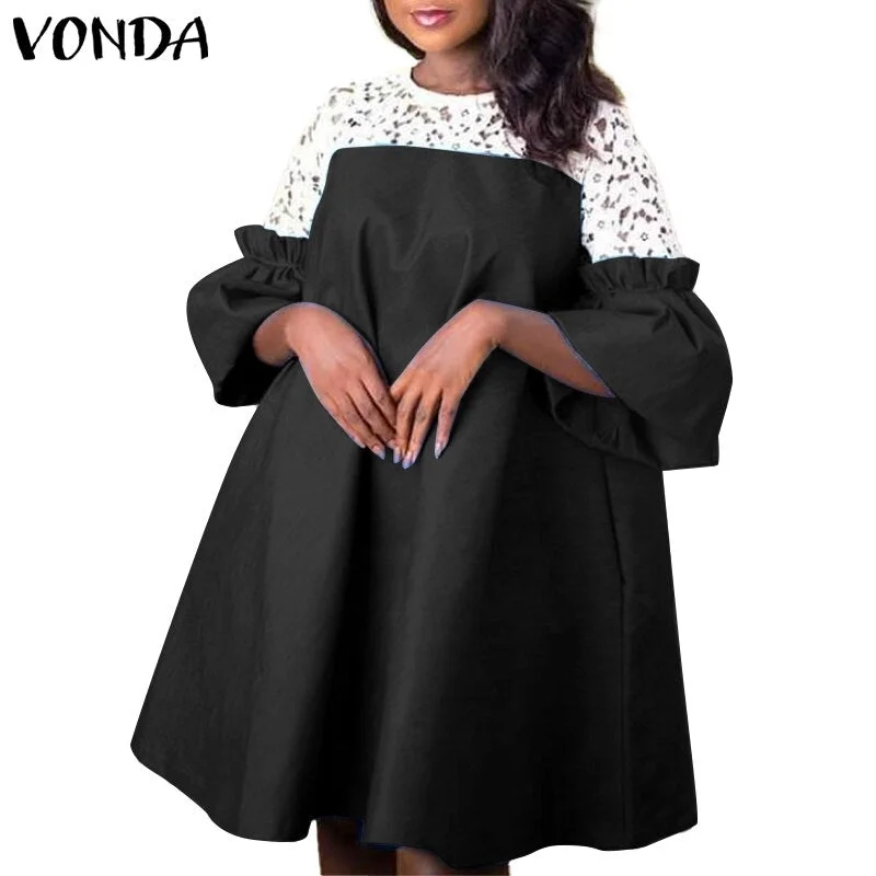 Summer Dress Casual Crew Neck Lace Mini Dresses VONDA 2022 Women Flare Sleeve Pleated 3/4 Sleeve Vestidos Short Robe Oversized